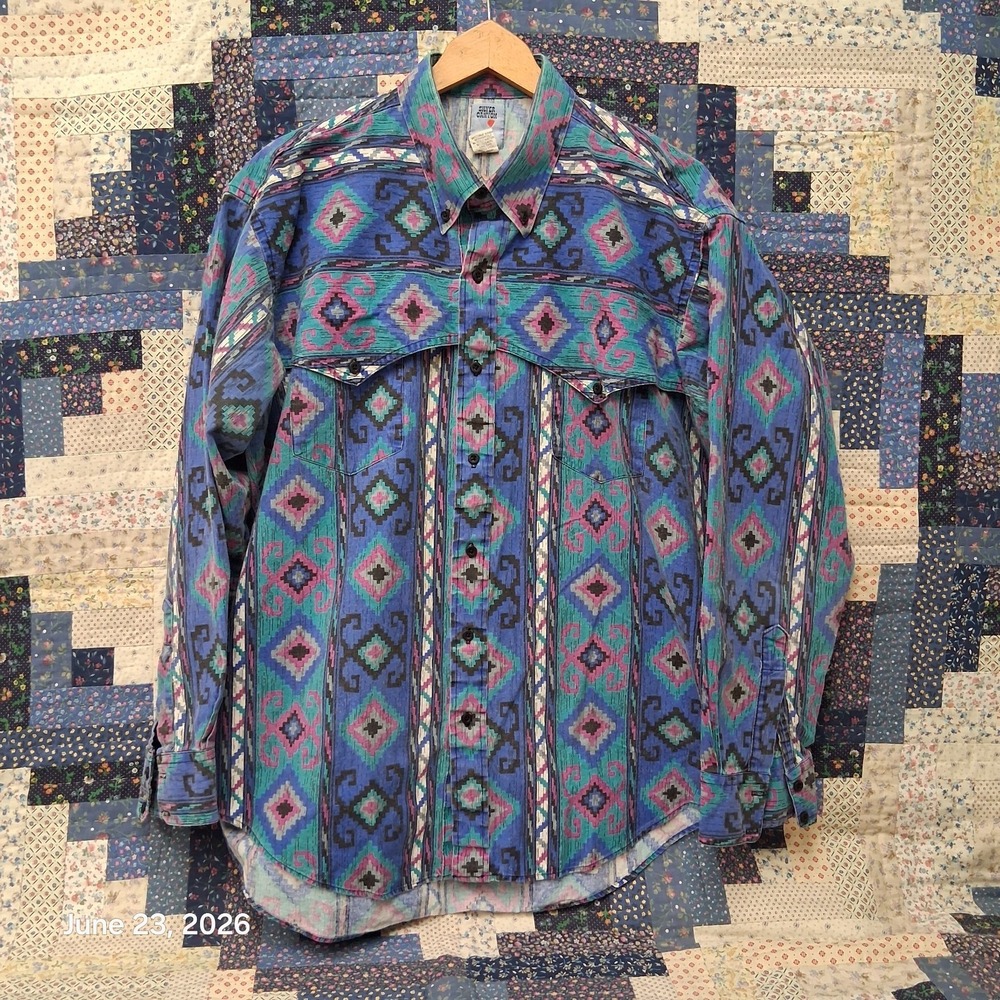 Vintage Silver‎ Canyon Southwest Western Print Shirt Size XL Blue Layered Geo